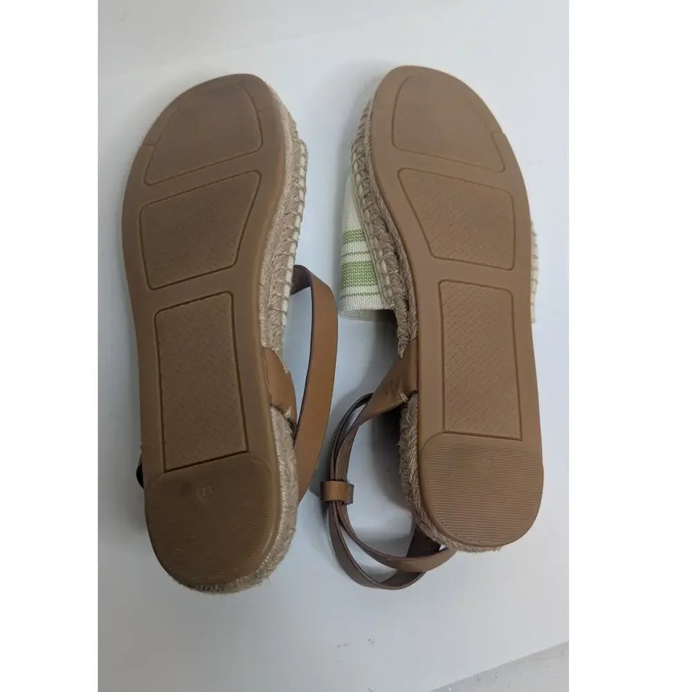 Tory Burch green white canvas summer Espadrille strappy sandals size 7.5